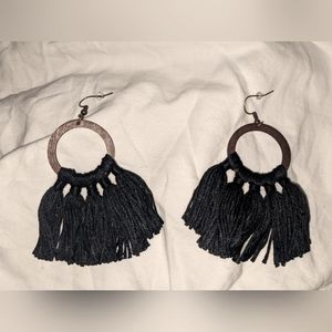Wooden Hoop Black Tassel Earrings